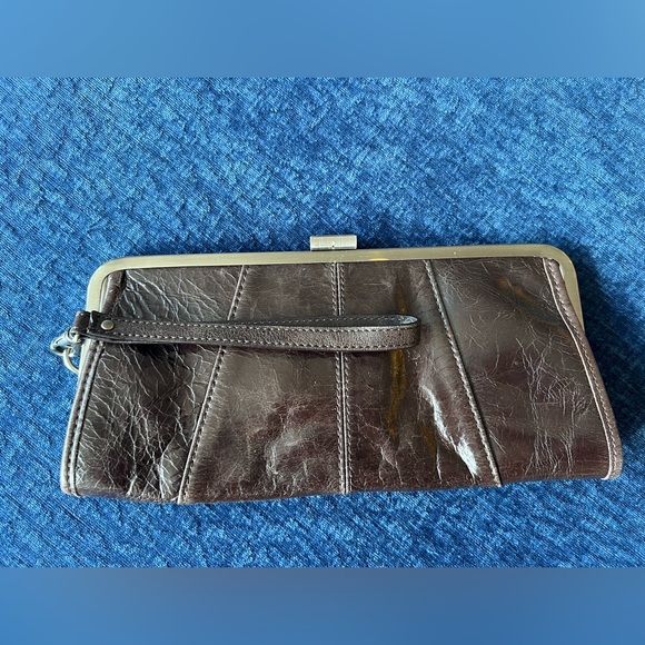 Kenneth Cole Reaction Brown Leather Frame Clutch Wristlet Kiss Lock Bag - Picture 4 of 14